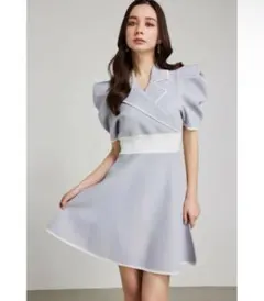 rienda テーラードカラーミニフレアハーフニットワンピース　グレー　ブルー