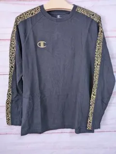 Champion 黒 金ラメ入りレオパード柄 ロゴ刺繍　長袖カットソー M