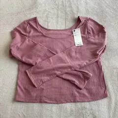 ピンク リブ編み クロップドワイドネックT 長袖