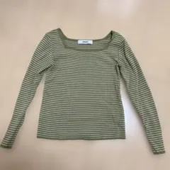 オリーブグリーン ストライプ 長袖Tシャツ