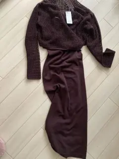 2ピースニットキャミソールワンピース　ダークブラウン