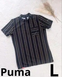 PUMA ゴルフ レディース モックネック 半袖シャツ ストライプ 黒×ブラウン