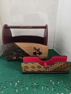 未使用品桜皮細工角館工芸のリモコンラック&箱根寄木細工メガネスタンド伝統工芸品のサムネイル