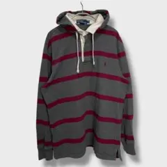 ☆ラルフローレン☆フード付きラガーシャツ☆ボーダー☆ポニーマーク☆グレー☆L☆