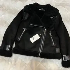 ZARA ブラック フェイクムートン　ダブルライダースジャケット