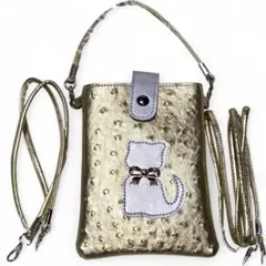 【美品】猫柄　スマホショルダーバッグ　ゴールド　スマホケース ショルダー紐付き