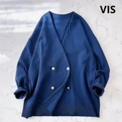 VIS 金ボタンジャケット風ニットカーディガン ネイビー