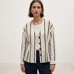 新品＊ZARA リネン混 ストライプ柄 ノーカラージャケット Mのサムネイル