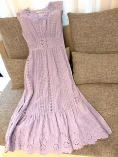 美品✨ノエラコットンレースロングワンピース　ラベンダー　裏地付き
