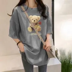 【Mサイズ】くま Tシャツ 半袖 体型カバー テディベア 韓国 オーバーサイズ