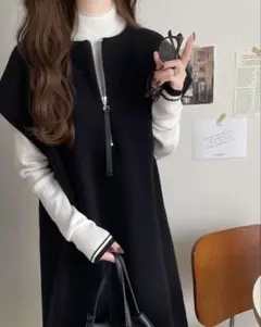前後2wayフェイクウール素材ハーフジップワンピース,ワンピース,MEDIUM