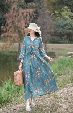 花柄ロングワンピース 青緑色 七分袖