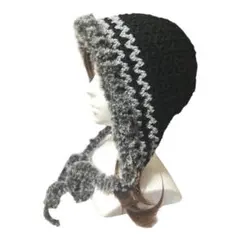 ハンドメイド　ボンネット　バラクラバ　耳当て付きニット帽　グレー　黒　ファー