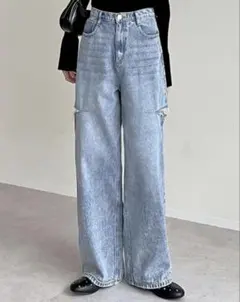 新品未使用《Re:EDIT》サイドスリットワイドストレートコットンデニムパンツ