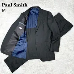 【美品】ポールスミス モヘヤ混 セットアップスーツ M 黒地 ブルーストライプ