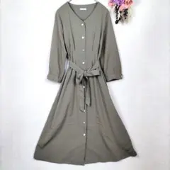 GLACIER　シャツワンピース　カーキ　ノーカラー　Lサイズ　ロング丈　七分袖