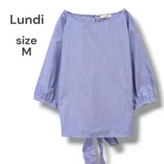 Lundi　5分袖ブラウス　M　シャツ　ベルト付き　ブルー　ストライプ　美品