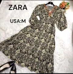 【最終価格】ザラ ロングワンピース リネンブレンド刺繍 ボリューム袖ティアード