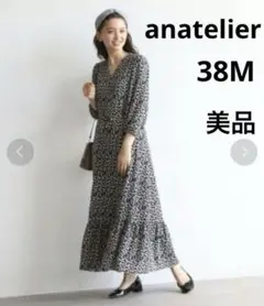 【美品】anatelier 花柄　カシュクールプリントワンピース　38 ブラック