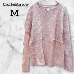 Croft&Barrow 【M】 コットンケーブルニット ピンク 古着 Vネック