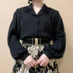 ★格子柄 刺繍襟 開襟 シャツブラウス 昭和レトロ vintage 日本製 黒