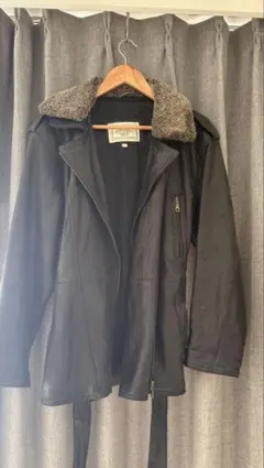 黒レザーコート ファー付き ウエストベルト