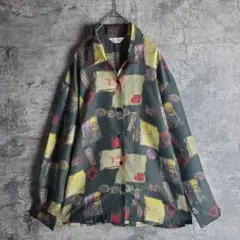 【ヴィンテージ】オープンカラー シルク 総柄 スカーフ柄 マルチカラー レトロ