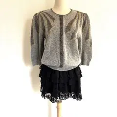 80s vintage 昭和レトロ デザインニット べっ甲調ボタン グレー 金糸