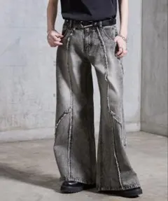 【SERACE】ヴィンテージデザインフリンジジップワイドフレアデニムパンツ