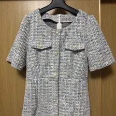 ツイード 半袖 ひざ丈ワンピース パール調ボタン