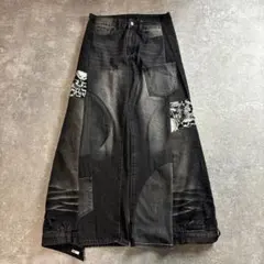 リメイクデニム ワイドパンツ ブラック フォトプリント 古着 vol.211