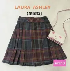 【ローラアシュレイ】赤×グレー系チェック ラップスカート サイドバックル（革）