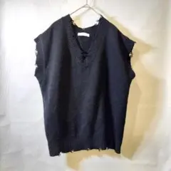 Discoat ダメージ ニットベスト F ブラック クラッシュ風 重ね着映え