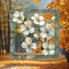 サンキャッチャー ステンドグラス風 パネル ハナミズキ柄 白い花 インテリア