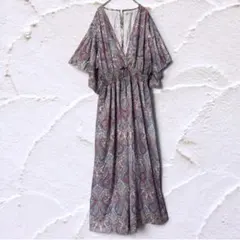 マキシ丈ワンピース Vネック フレア袖 ペイズリー 3XL リゾート エスニック