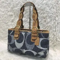 COACH コーチ ハンドバッグ トート 肩掛け デニム シグネチャー 編み込み