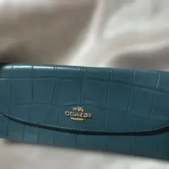 【希少カラー】COACH コーチ 長財布 クロコ型押し ブルーグリーン