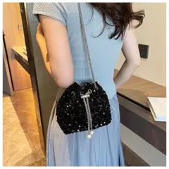 巾着パーティバッグ ショルダー スパンコール キラキラ 結婚式 お呼ばれ 黒