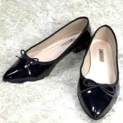 DIANA エナメルパンプスフラットシューズリボン 黒24.5ポインテッドトゥ