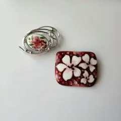 七宝焼　ブローチ　帯留　焼物　陶器　エナメル　桜　ピンク　レトロ　セット