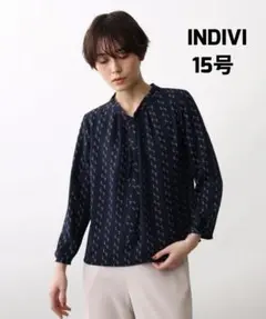 INDIVI 洗える/UVケア/吸水速乾 プリントボウタイブラウス 大きい 
