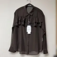mysa ダークブラウン フリル長袖シアーシャツ