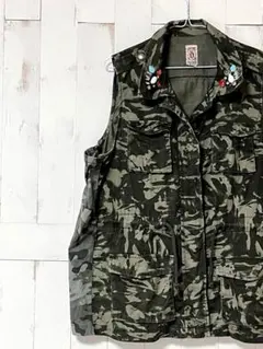 ビジュー付き 迷彩 ミリタリーベスト カモフラ ジレ ベスト L