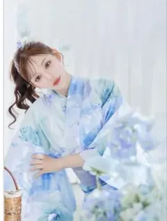 浴衣 帯セット 水彩画風 ブルー 花柄のサムネイル