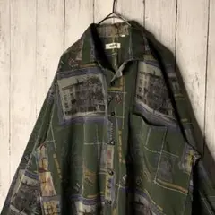 古着 ポリシャツ テロ感 総柄 アート柄 グリーン マルチカラー 個性的