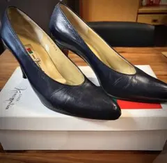 【美品】銀座かねまつ ネイビー レザーハイヒール ポインテッドトゥ