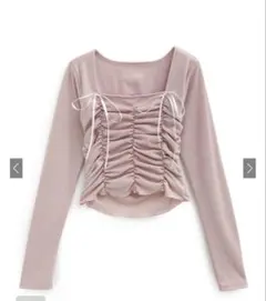 ダブルリボンギャザーテレコリブカットソーGRLトップス 長袖カットソー　ピンク