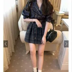 GRL ベルト付きチェック柄パフスリーブミニワンピース　tu423 S