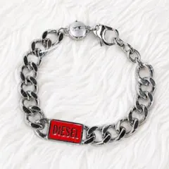 DIESEL チェーンブレスレット ロゴプレート シルバー レッド Y2K
