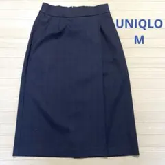 ユニクロ ネイビー チェック ナロースカート サイドプリーツ M